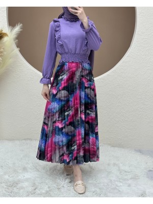 Dijital Baskılı Pliseli Etek -Pembe