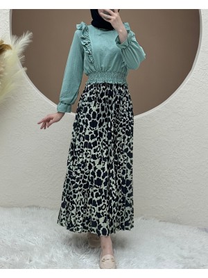 Dijital Baskılı Pliseli Etek -Su Yeşili