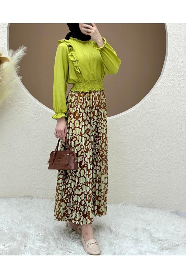 Digital Printed Pleated Skirt -Snuff