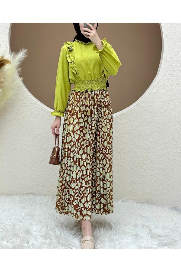 Digital Printed Pleated Skirt -Snuff
