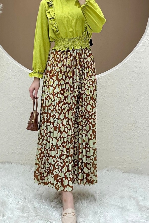 Digital Printed Pleated Skirt -Snuff
