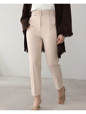 Kalın Kemerli Kumaş Pantalon    -Bej