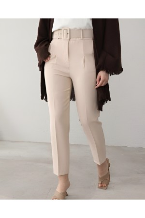 Thick Belted Fabric Trousers   - Beige