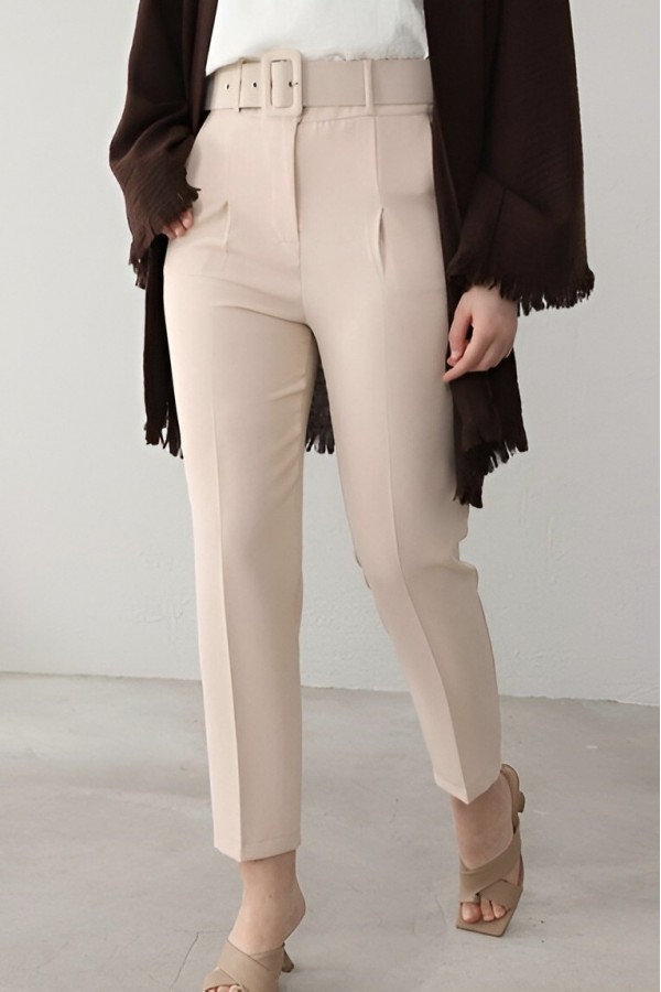 Thick Belted Fabric Trousers   - Beige