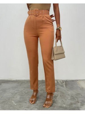 Kalın Kemerli Kumaş Pantalon    -Tarçın