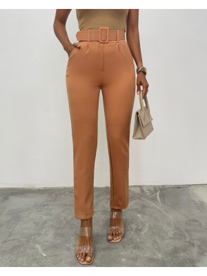 Kalın Kemerli Kumaş Pantalon    -Tarçın