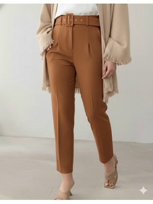 Thick Belted Fabric Trousers   -Cinnamon