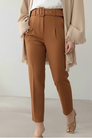 Kalın Kemerli Kumaş Pantalon    -Tarçın