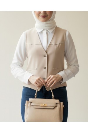 Cep Detaylı Düğmeli Scuba Yelek -Bej