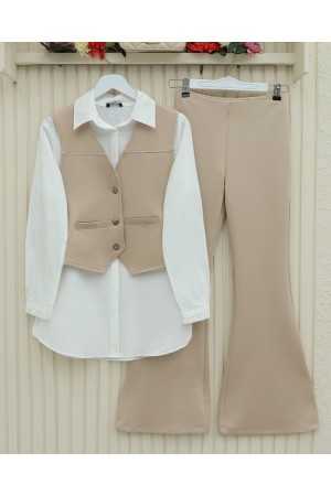 Cep Detaylı Düğmeli Scuba Yelek -Bej