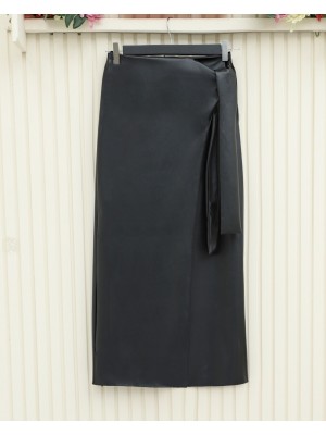 Yan Bağlamalı Önü Çift Katlı Deri Etek -Siyah