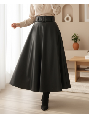 Kalın Kemerli Kloş Deri Etek  -Siyah