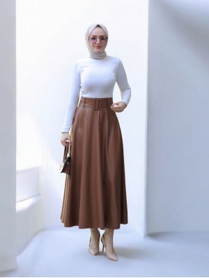 Kalın Kemerli Kloş Deri Etek  -Taba