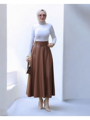 Kalın Kemerli Kloş Deri Etek  -Taba