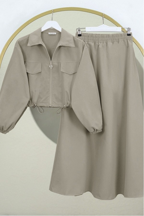 Elastic Waist Skirted Suit -Stone