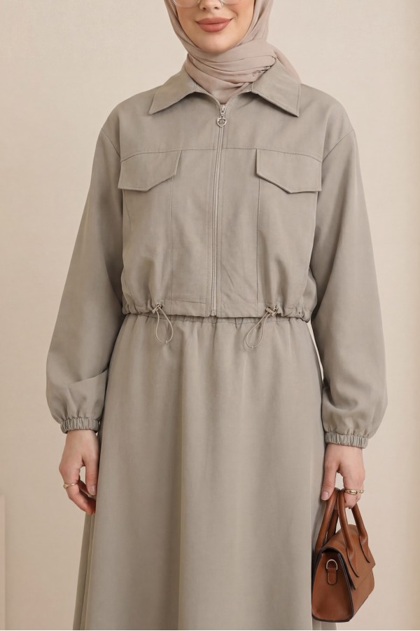 Elastic Waist Skirted Suit -Stone
