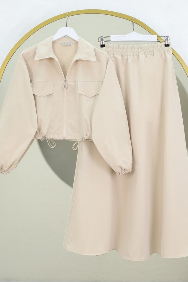 Elastic Waist Skirted Suit  - Beige