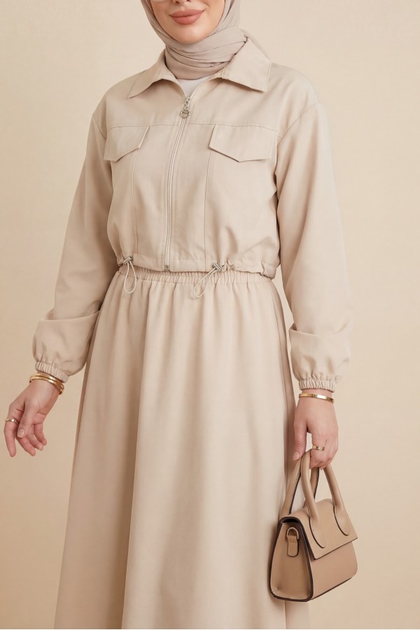 Elastic Waist Skirted Suit  - Beige