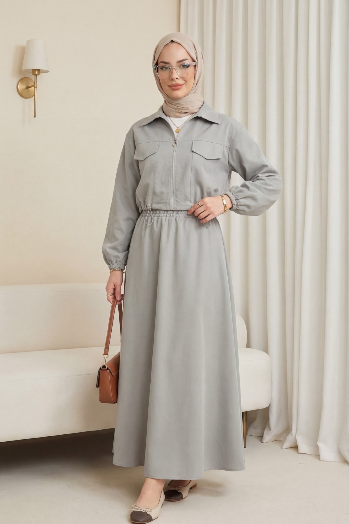 Elastic Waist Skirted Suit  -Grey