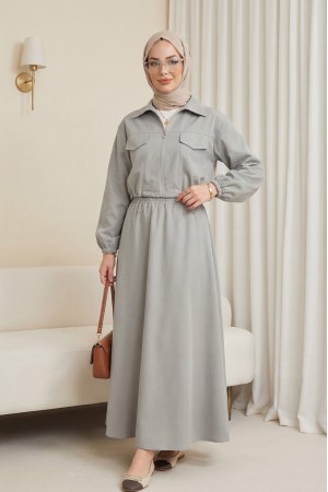 Beli Lastikli Etekli Takım  -Gri