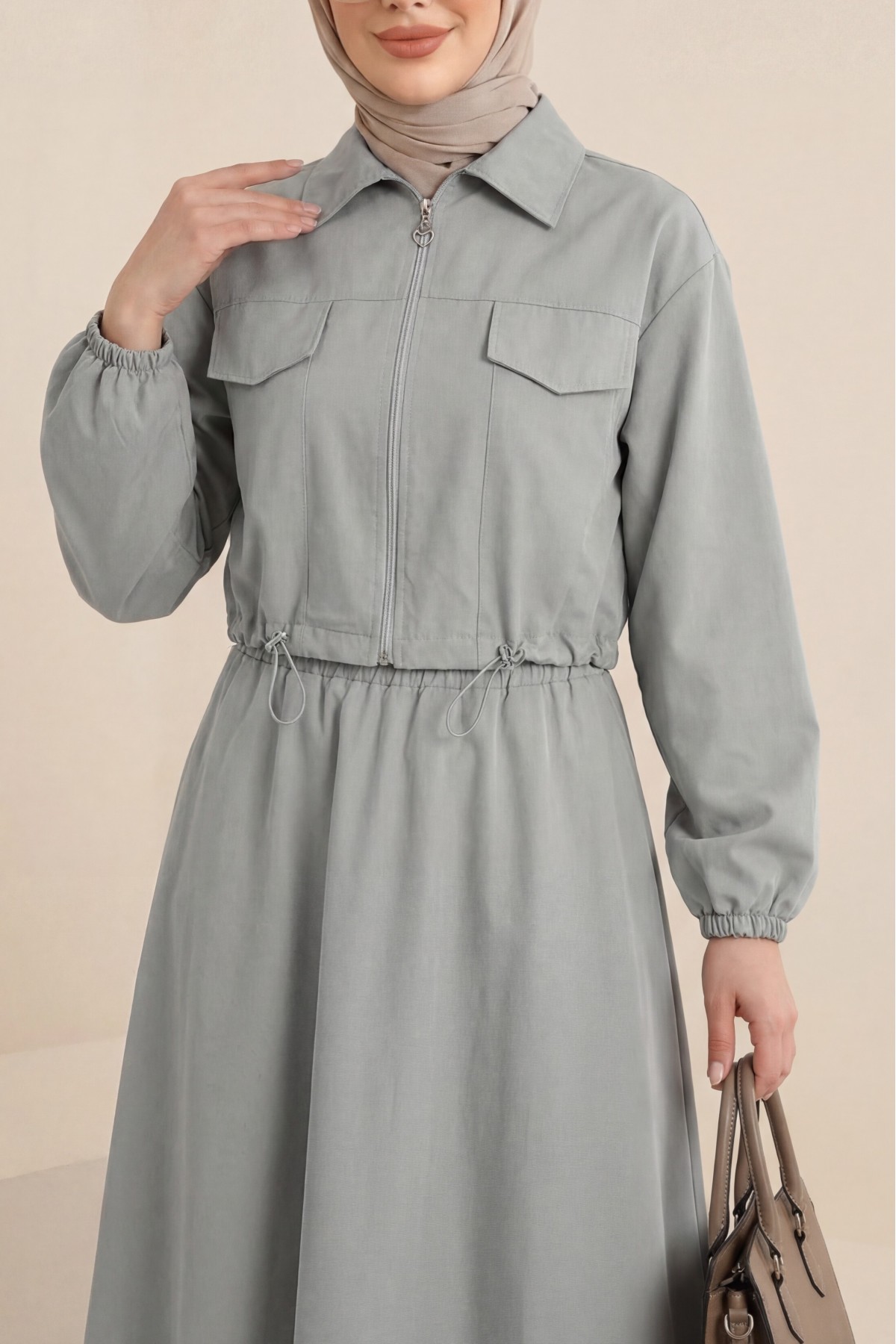 Elastic Waist Skirted Suit  -Grey