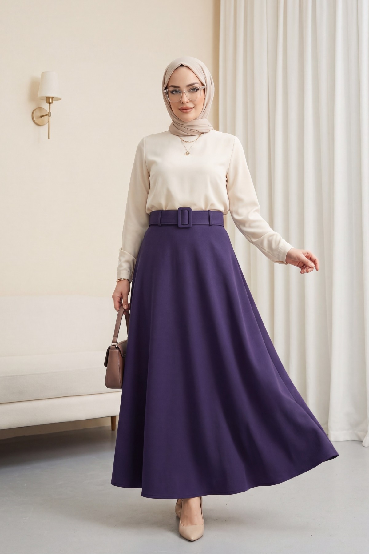 Kalın Kemerli Bol Kiloş İthal Krep Etek   -Navy blue