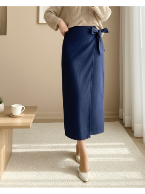 Önü Çift Katlı Yandan Bağlamalı Kot Etek -İndigo
