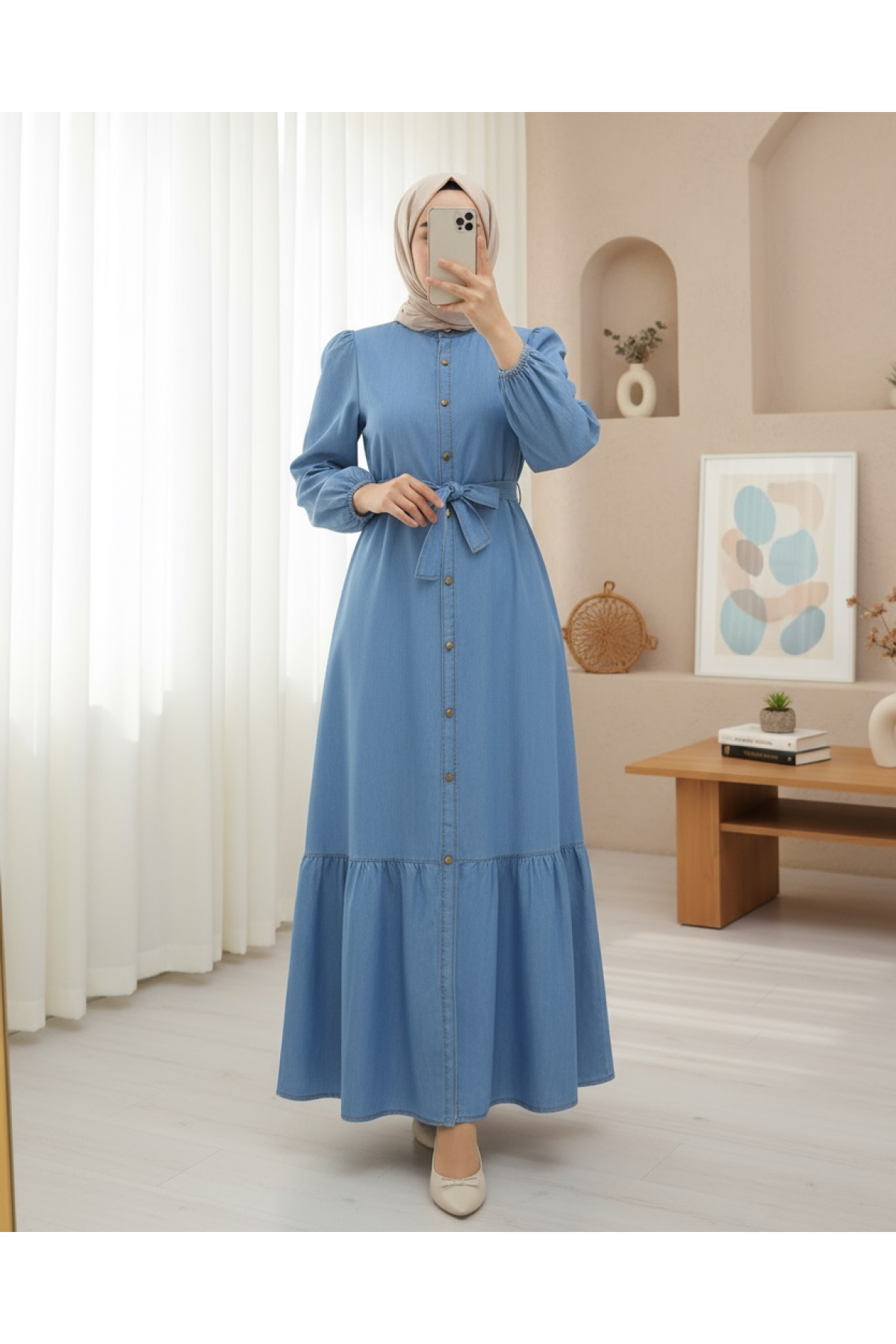 Buttoned Hem Ruffle Denim Dress -Blue