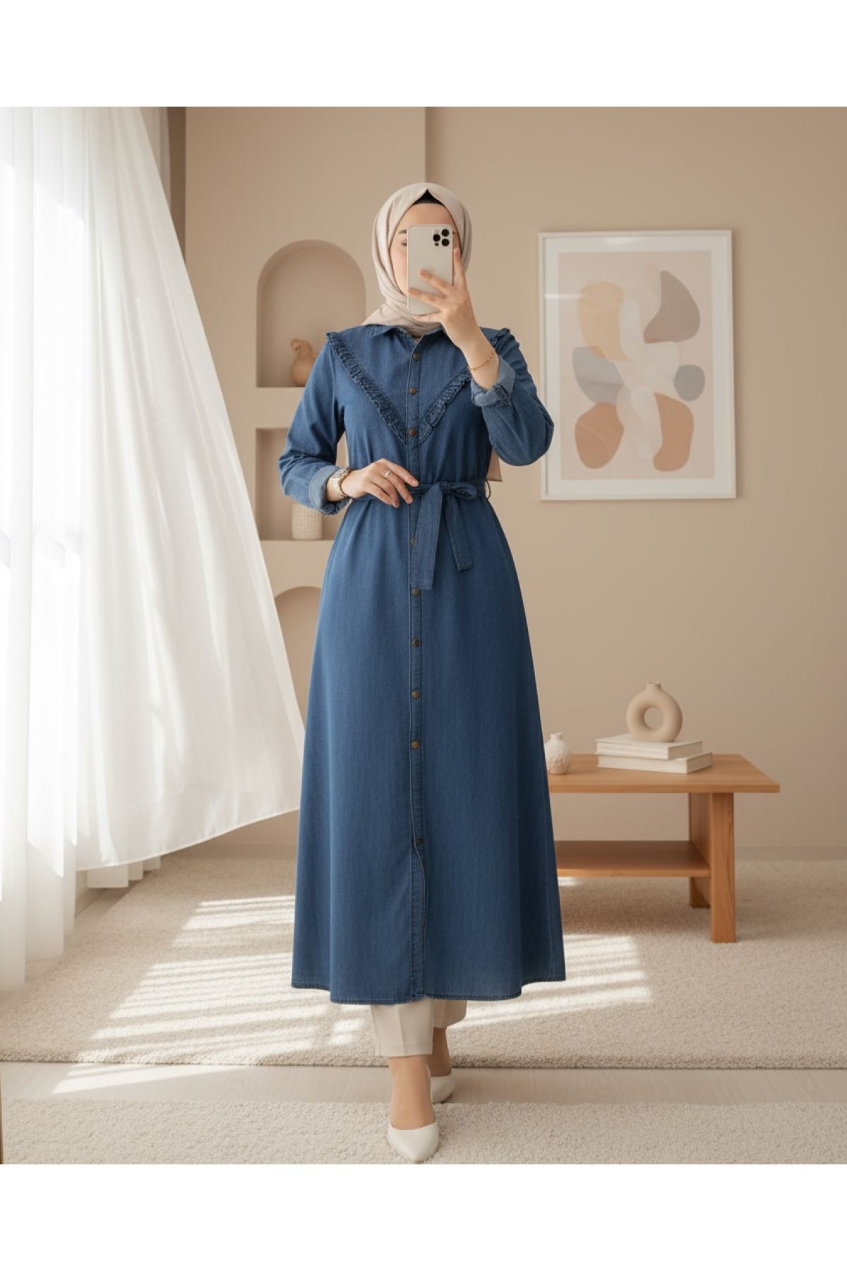Buttoned Lace-Up Denim Dress-İndigo