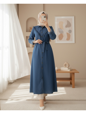 Boydan Düğmeli Beli Bağlamalı Kot Elbise -İndigo