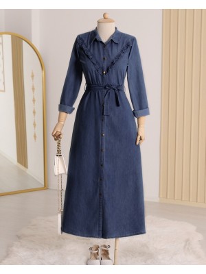 Boydan Düğmeli Beli Bağlamalı Kot Elbise -İndigo