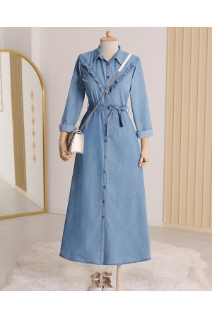 Boydan Düğmeli Beli Bağlamalı Kot Elbise -Mavi
