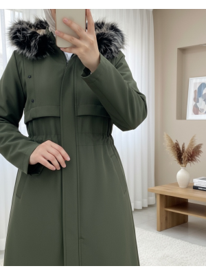 Metal Yıldız Detaylı Kapşonlu Uzun Kaban -Haki