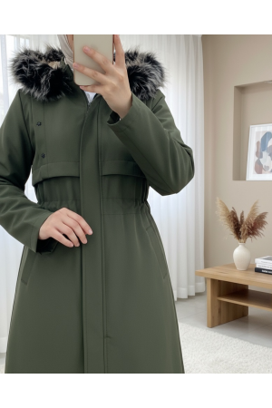 Metal Yıldız Detaylı Kapşonlu Uzun Kaban -Haki