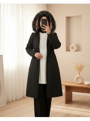 Metal Yıldız Detaylı Kapşonlu Uzun Kaban -Siyah