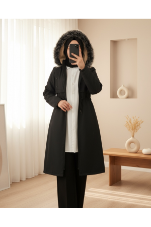 Metal Yıldız Detaylı Kapşonlu Uzun Kaban -Siyah