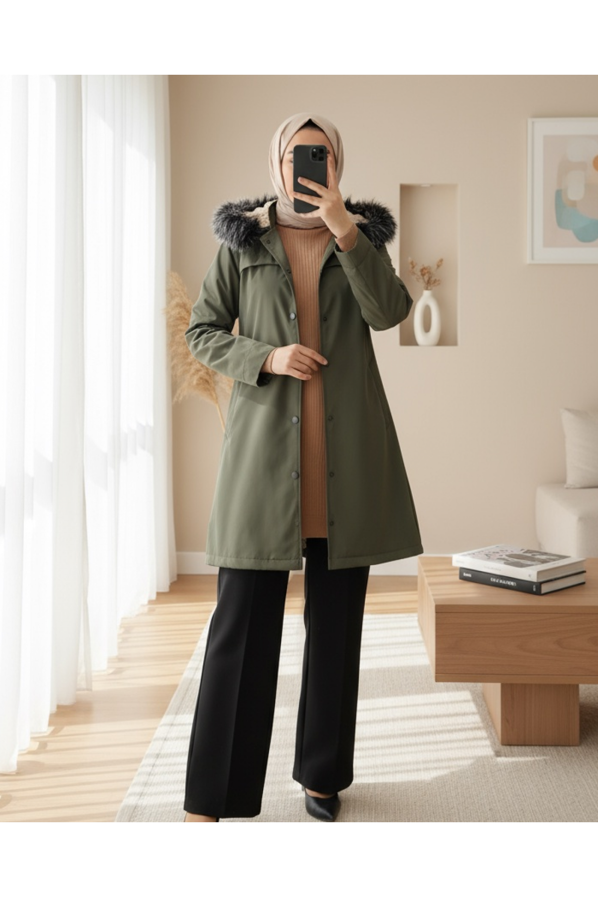 Pull-out Hooded Snap Pocket Short Coat -Khaki