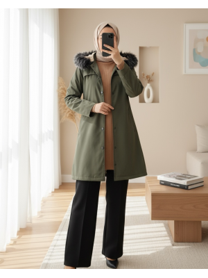 Çıkma Kapşonlu Çıtçıtlı Cepli Kısa Kaban -Haki