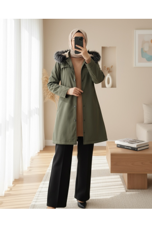 Çıkma Kapşonlu Çıtçıtlı Cepli Kısa Kaban -Haki