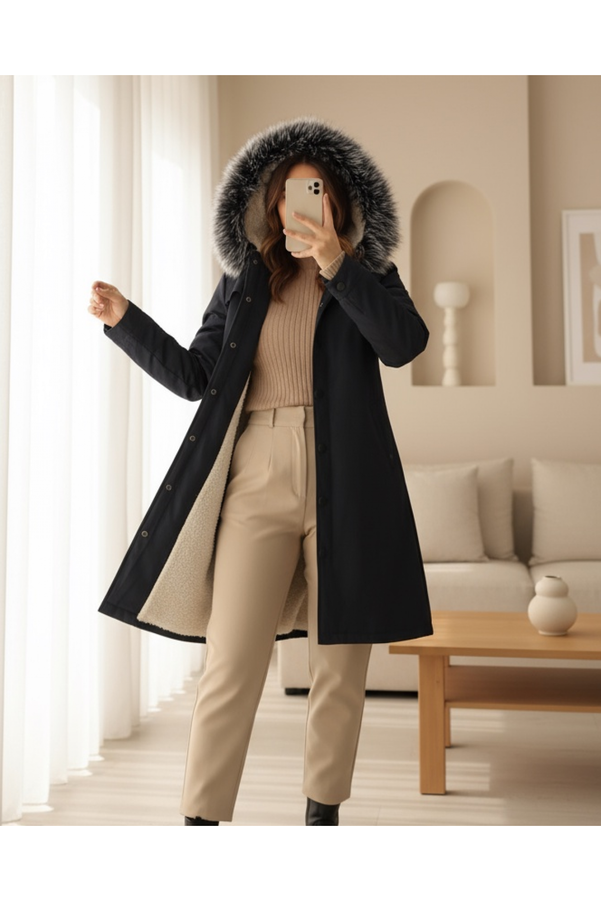 Pull-out Hooded Snap Pocket Short Coat -Black