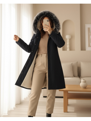 Pull-out Hooded Snap Pocket Short Coat -Black