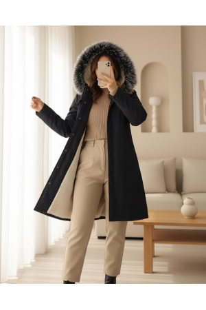 Çıkma Kapşonlu Çıtçıtlı Cepli Kısa Kaban -Siyah