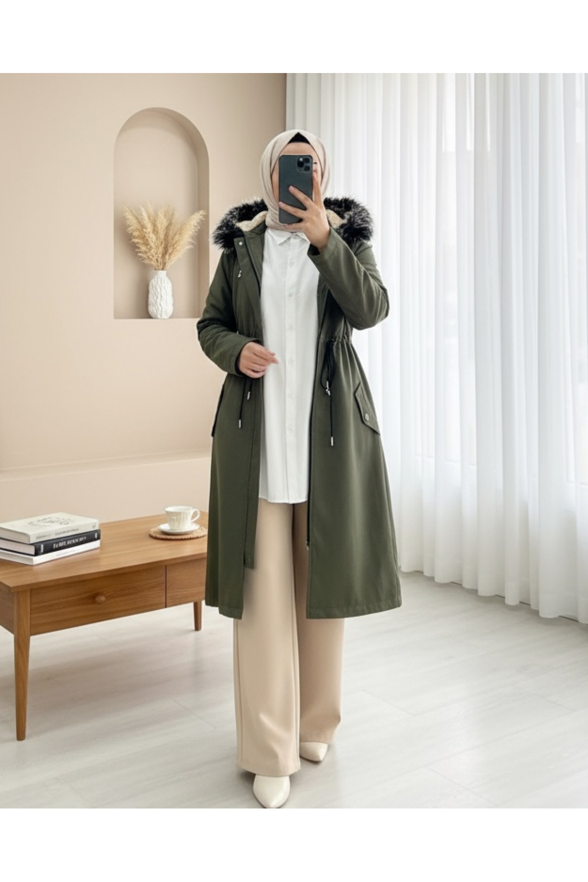 Pull-out Hooded Tunnel Lace Short Coat -Khaki