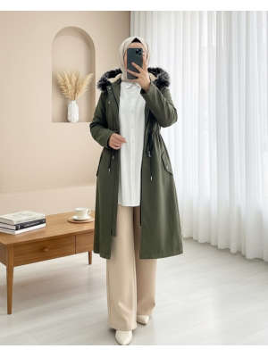 Çıkma Kapşonlu Tünel Bağcıklı Kısa Kaban -Haki