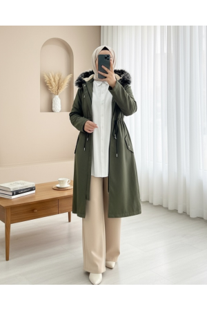 Çıkma Kapşonlu Tünel Bağcıklı Kısa Kaban -Haki