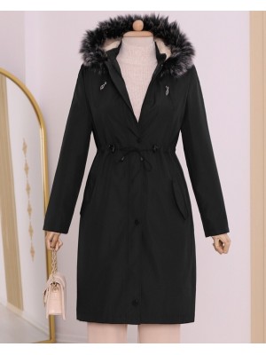 Çıkma Kapşonlu Tünel Bağcıklı Kısa Kaban -Siyah