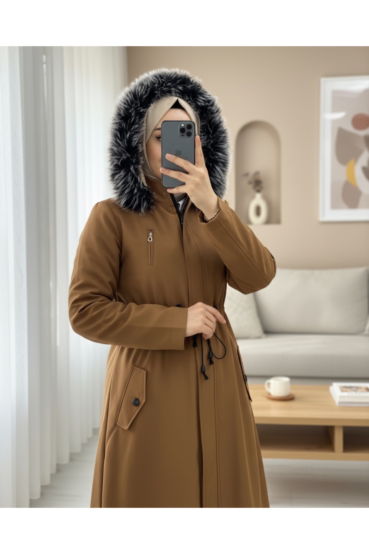 Pull-out Hooded Tunnel Lace Short Coat -Snuff
