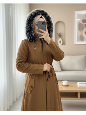 Çıkma Kapşonlu Tünel Bağcıklı Kısa Kaban -Taba