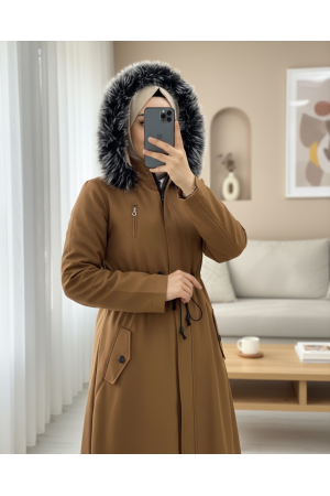 Çıkma Kapşonlu Tünel Bağcıklı Kısa Kaban -Taba