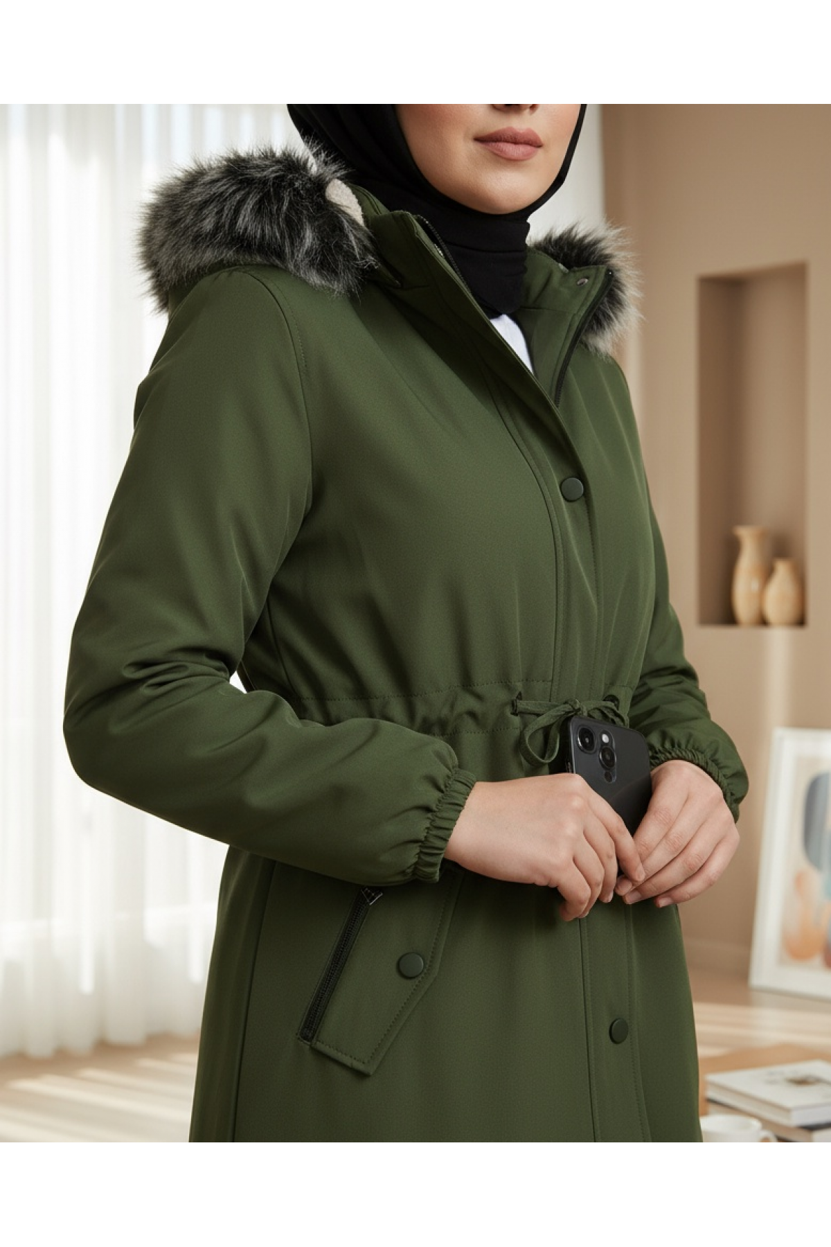 Pull-out Hooded Sleeve Elastic Pocket Short Coat -Khaki